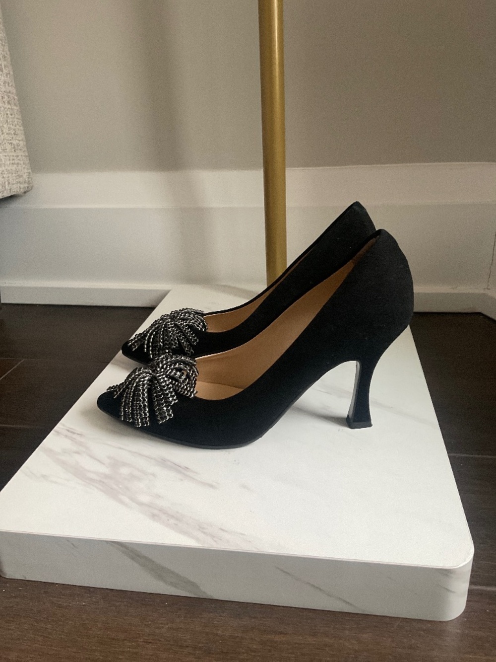Ron White Black Suede Heels w/ Stone Flower Rope Detail - Picture 3 of 5